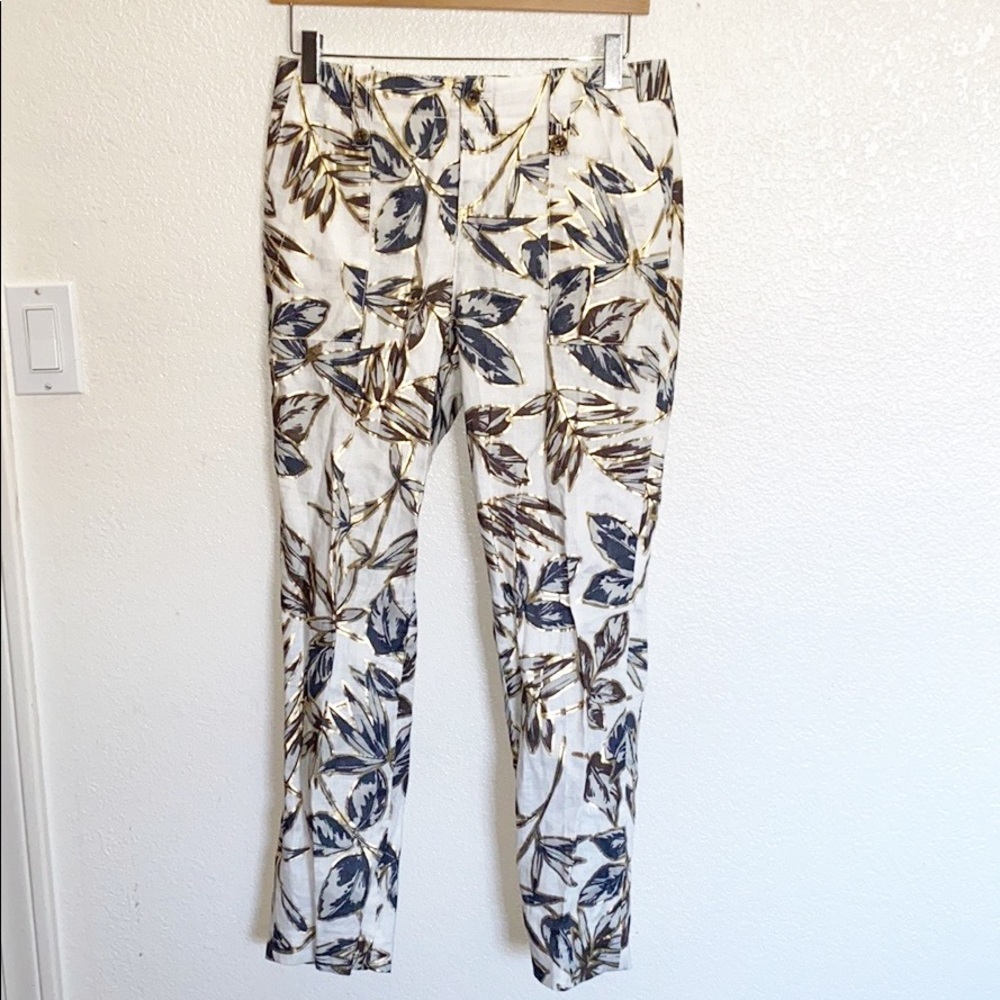 J. Crew White Floral Ankle Pants with Blue & Brown Leaf Print